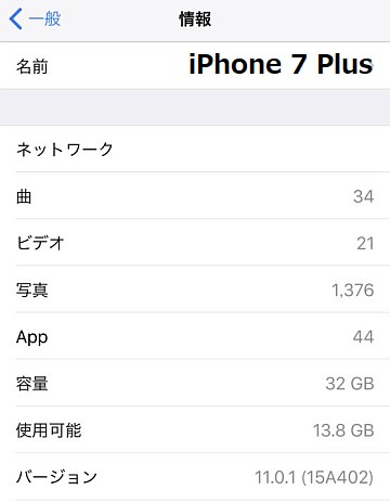 iPhone 7 Plus 32GBモデル ストレージの空き容量 確認